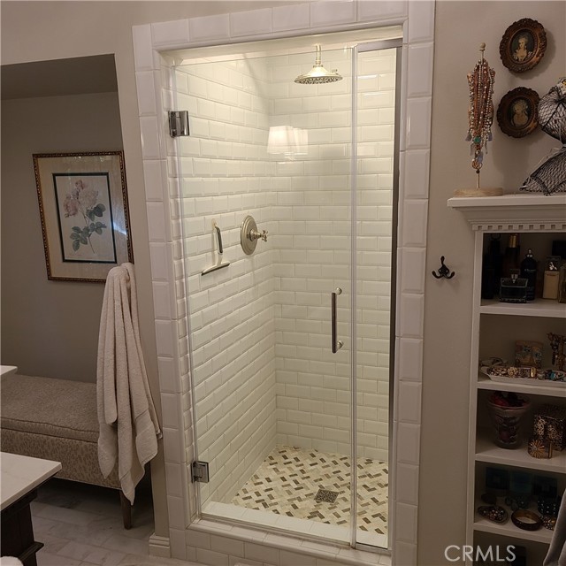 Main bathroom shower, beveled subway tile