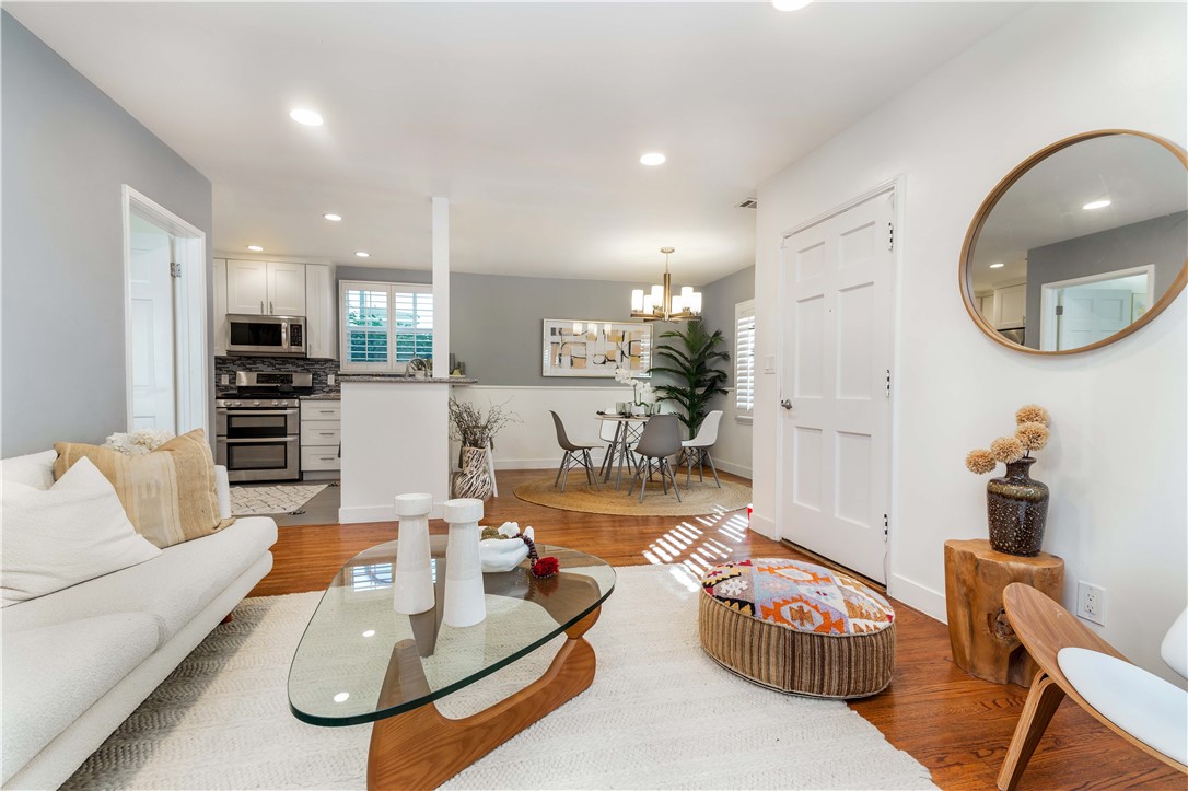 A view looking east showing living dining and open kitchen