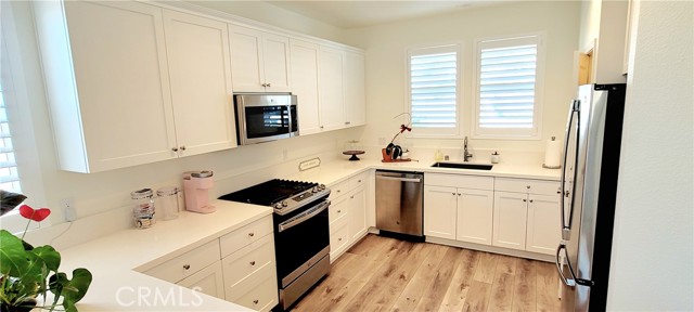 Stainless steel appliances & quartz counter tops & white cabinets upgrade.