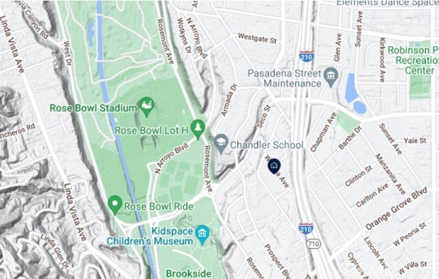 Map view to show proximity to Rose Bowl Park.