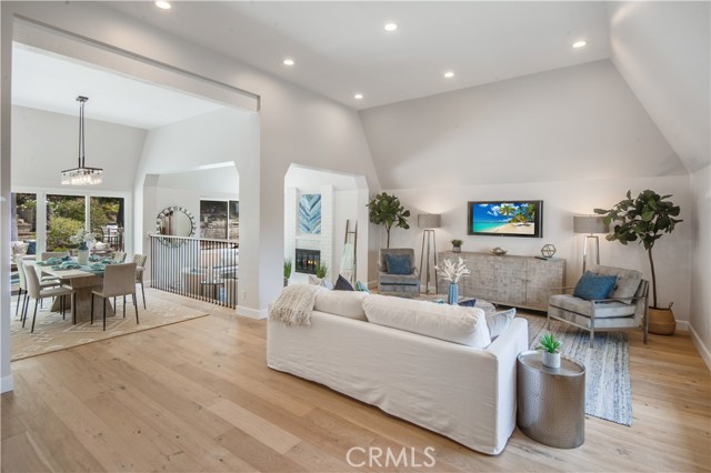 Living room open to dining room, to den with fireplace (photographer graphically inserted fire for this photo)