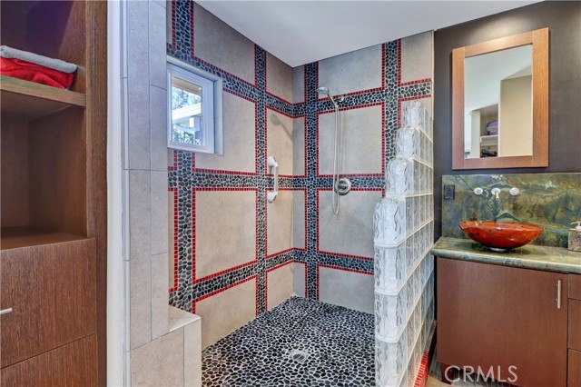 Ceramic-tiled Shower & Floor-to-Ceiling with Windo & Glass Block Wall