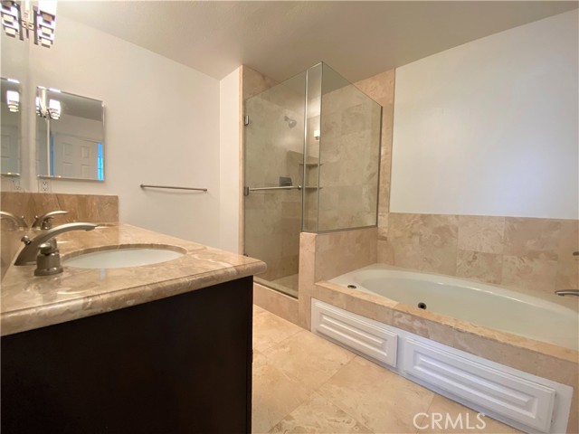 Suite bath with separate spa tub, walk-in shower and toilet room