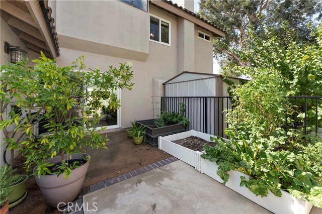 Side patio off from lower level bedroom. Shown with raised garden and plants.