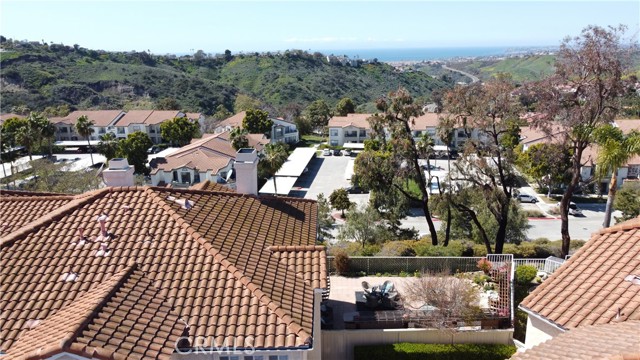 This drone photo was taken right above the roof of your new home showing the backyard and the ocean off in the distance.