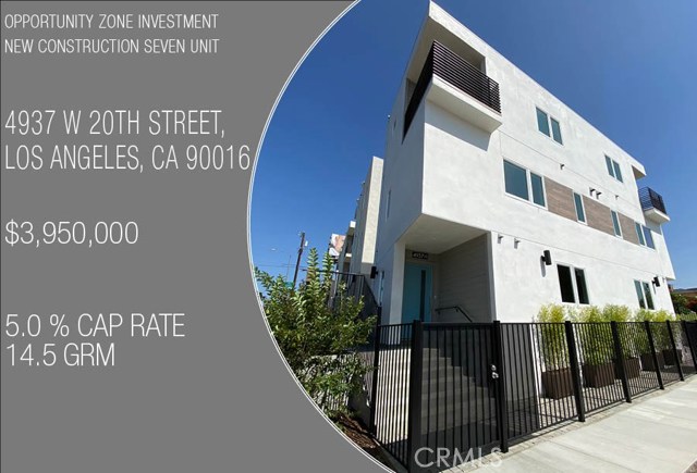 4937 W 20th Street Los Angeles, California SEVEN ON 20TH
OPPORTUNITY ZONE – NEW CONSTRUCTION SEVEN UNIT NEAR COMPLETION
We are pleased to announce a nearly complete opportunity zone investment. The property is a new construction seven-unit complex, Green Certified, and located minutes from the Arts District, Culver City Steps and Ivy Station, which house Amazon Studios, Sony Pictures, HBO, Beats Electronics and many more tech and entertainment companies pouring into the neighborhood. Final inspections are nearing, which allows a buyer to take advantage of Opportunity Zone tax incentives. Incredible rent comps are being achieved in this neighborhood, driven largely by the talent from the surrounding tech hubs and supporting services providing high-paying and stable employment.
This non-rent-controlled luxury complex is comprised of three duplexes and one detached single family, totaling seven new construction, each with private laundry rooms and two parking spaces. Each unit is equipped with separate meters for water, gas and electricity. The property will be completed with drought tolerant landscaping, as well as energy efficient building materials, appliances and fixtures presenting the buyer with a fully warrantied, low maintenance, environmentally friendly property. Please contact us regarding this opportunity or one of the seller’s many other similar developments throughout Los Angeles.