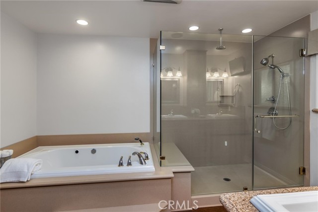 primary bath with jetted tub and glass enclosed shower