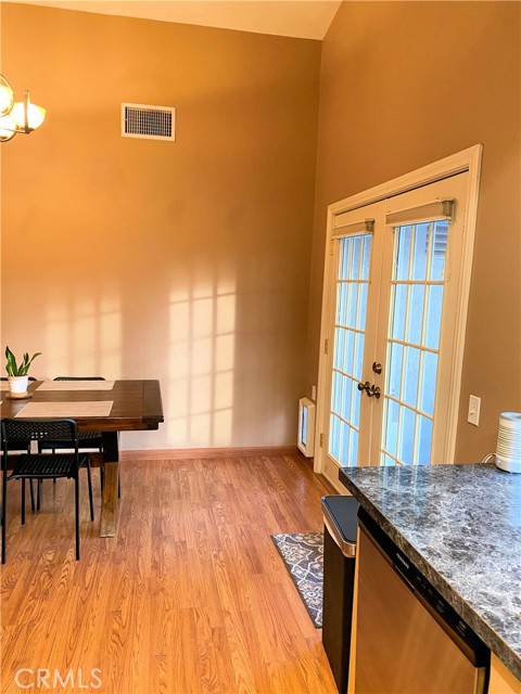 The kitchen flows into the family/dining area
