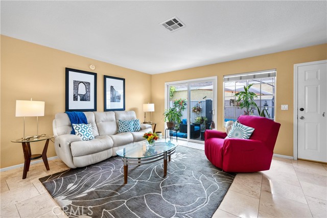 Family Room  with Travertine floors