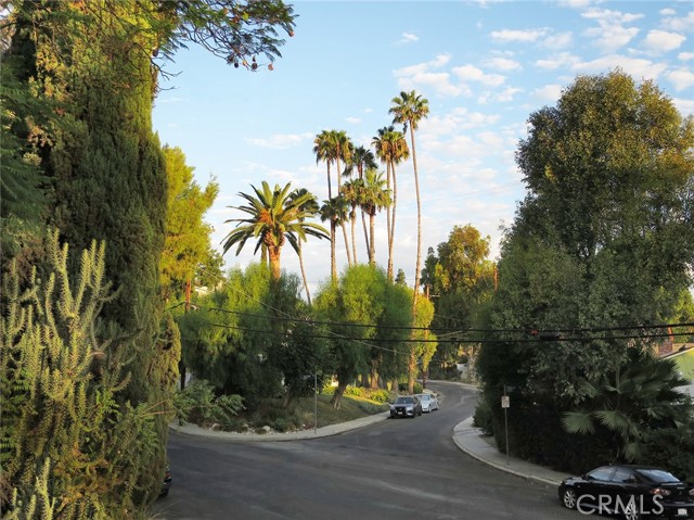 View of intersection of Villena Avenue (curving from center right into the distance) and start of Yukatan Avenue (running uphill to the left)