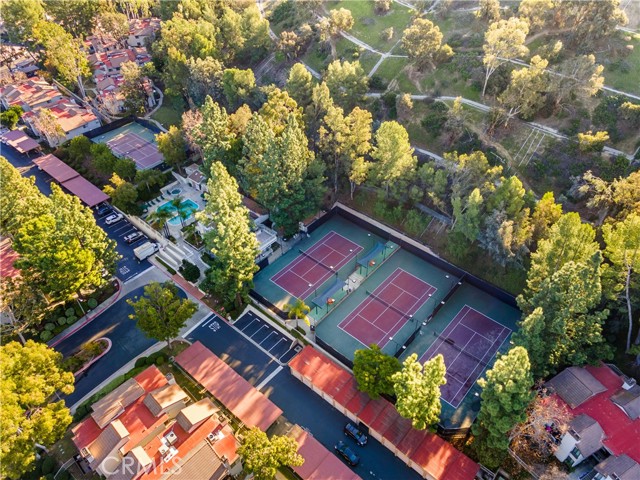 Aerial view of the tennis courts and swimming pool.