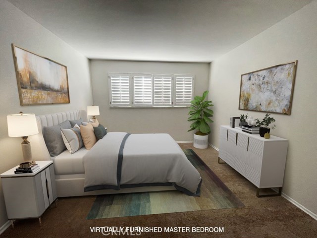 Created by our designer, this bedroom arrangement illustrates where to place the bed, and dresser. There is plenty of room for a wide screen at the foot of the bed! Plantation shutters, new carpeting, fresh paint and a large walk-in closet make this the best room in the house!!