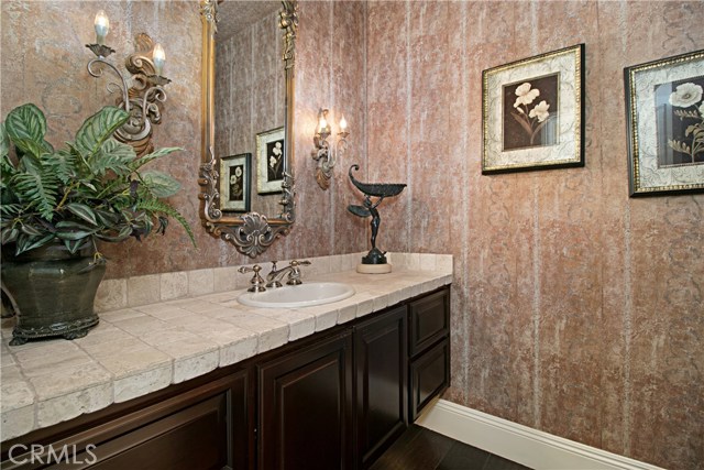 The Downstairs powder room is beautiful with faux painted walls and a lavish mirror.