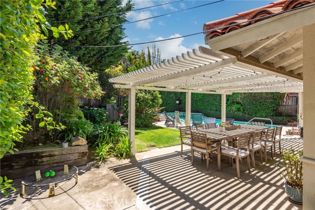 The back patio overlooks the pool and spa