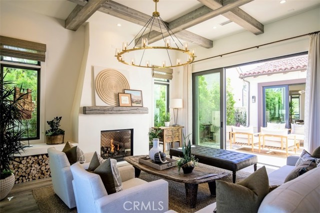 Great room and courtyard of model home.