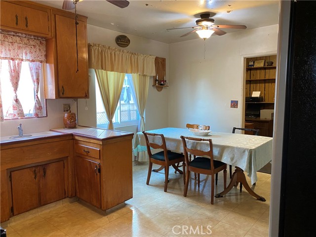 Large kitchen with dining area.