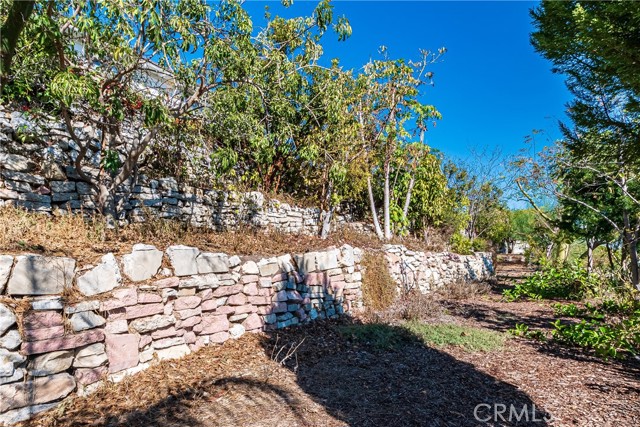 Terraced backyard with fruit trees and space for gardening.