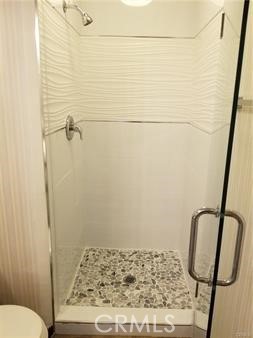 Downstairs Bathroom Shower with stone floors & Glass door
