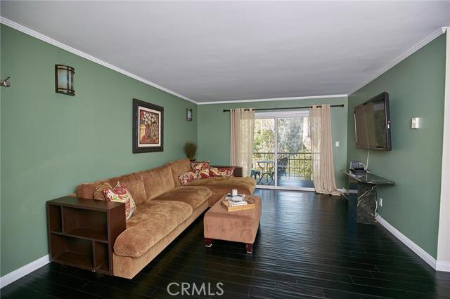 Remodeled living room with crown molding and a stunning view. 