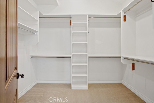 Walk-in closet with shelving, double pools, and shoe organizers