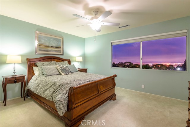 Master bedroom with beautiful view of city lights and snow capped mountains in the day. 2 Closet and attached bath.