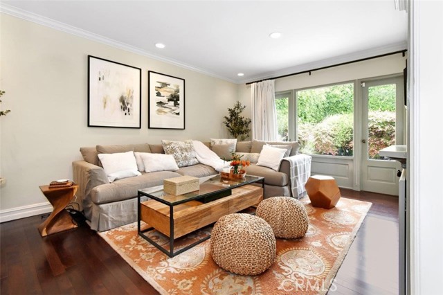 Family room with French doors open to the backyard