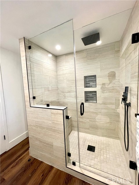 Downstairs Bath- Custom Tile, Custom Glas, Rain Shower, Handheld, Double Niche, and Bench