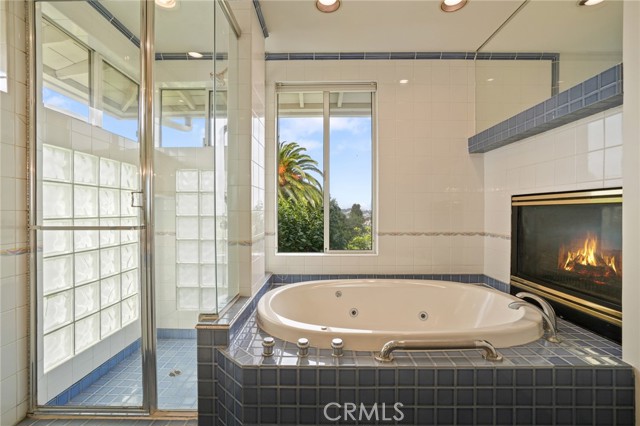 Primary bathroom with view from tub and shower