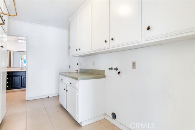 Large laundry room with ample storage space is accessed from patio room, family room, and garage.