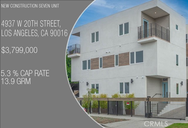 4937 W 20th Street Los Angeles, California SEVEN ON 20TH
-NEW CONSTRUCTION SEVEN UNIT-
We are pleased to announce a Green Certified new construction seven-unit complex. The property is located just minutes from the Arts District, Culver City Steps and Ivy Station, which house Amazon Studios, Sony Pictures, HBO, Beats Electronics and many more tech and entertainment companies pouring into the neighborhood. Certificates of Occupancy for all units have just been issued and leasing has begun. Incredible rent comps are being achieved in this neighborhood, driven largely by the the surrounding tech hubs and supporting services providing high-paying and stable jobs. Mid-City on the whole has been a very hot market, but the west side, which is adjacent to Beverlywood and Culver City, has enjoyed much of the demand. This non-rent-controlled luxury complex is comprised of three duplexes and one detached single family, totaling seven new construction, each with private laundry rooms and two parking spaces. Each unit is equipped with separate meters for water, gas and electricity as well as an owner’s common area electric meter for exterior lighting and common area water meter for servicing and landscape irrigation. The property will be completed with drought tolerant landscaping, as well as energy efficient building materials, appliances and fixtures presenting the buyer with a fully warrantied, low maintenance, environmentally friendly property.