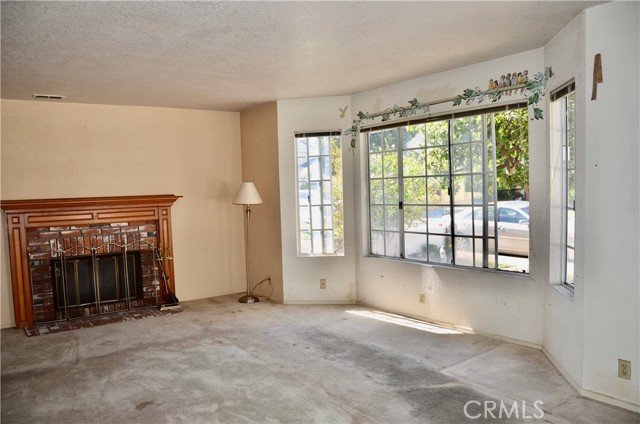 Super spacious living room with fireplace, facing the private yard and the street