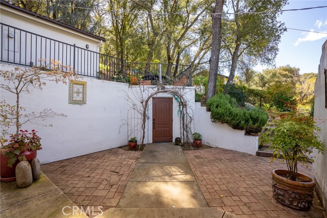 Private patio that connects to the downstairs family room through a sliding glass door.  What's that door tucked into the wall?