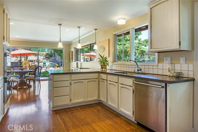 Looking through the kitchen into the family area and then the back yard.