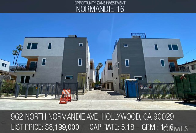 962 N Normandie Avenue Hollywood, California -NORMANDIE 16 -OPPORTUNITY ZONE- 16 NEW CONSTRUCTION UNITS NEAR COMPLETION IN EAST HOLLYWOOD- $585K GROSS RENTS-
The subject property is a new construction 16-unit complex, Green Certified, and located in rapidly appreciating East Hollywood. Final inspections are underway which would allow a buyer to take advantage of Opportunity Zone tax incentives, should buyer elect to close escrow prior to CofO. Sale may also be made to a traditional buyer looking to obtain the property at completion. A matching new construction 8 unit property two parcels north is also available for sale from the same seller which can be purchased separately or as a part of this sale.
This luxury complex is comprised of 8 duplexes, totaling 16 townhouse style units. The units are all generous in sizing with four units being three bedroom, eight units being two bedroom, and four units being one bedroom (31 bed 24 bath in total), all of which have private laundry. A total of 30 on-site parking spots provide secure and private parking for all tenants. Each unit is equipped with separate meters for water, gas and electricity as well as an owner’s common area electric meter for exterior lighting and common area water meter for servicing and landscape irrigation.
Normandie 16 offers the welcoming residential atmosphere of home while being right in the heart of East Hollywood, blocks away from LA City College, the 101 Fwy, and a short distance from Silverlake, Hollywood, and downtown Los Angeles.