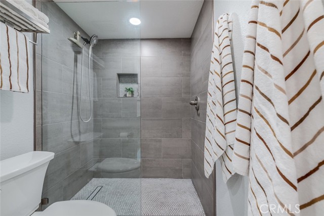 Walk-in shower with tasteful design choices.