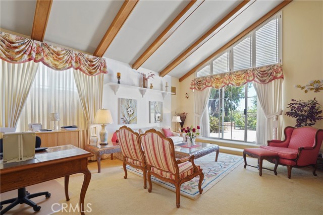 Livingroom has vaulted ceilings and short step up to back yard.