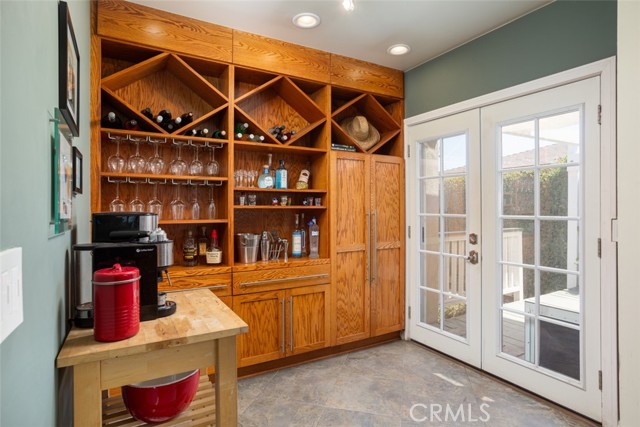 French doors to wood deck