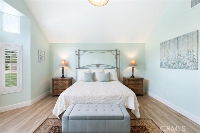 This room will accommodate any sized bed. The calm cool colors are very tranquil and help make it easy to relax at the end of a long day.
