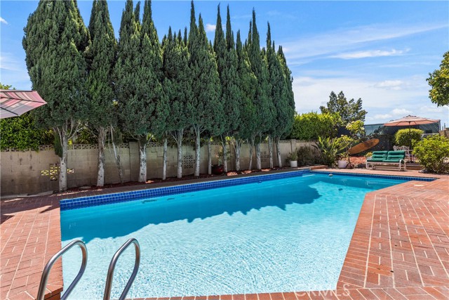 Entertainers dream backyard with custom brick work, deep swimming pool, and jacuzzi.