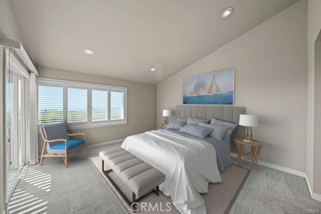 Just beyond the master bedroom window is the Pacific Ocean. Open the shutters and allow the cool breezes to flutter through or step onto the back patio through the private slider. *virtually staged photo*
