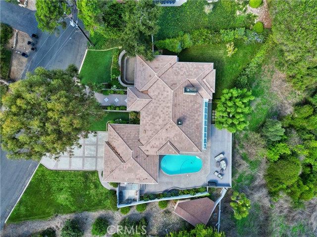 Aerial view of home and pool