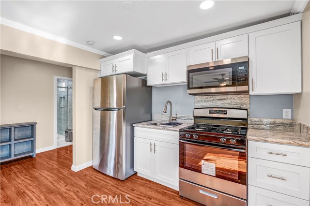 Kitchen with stainless-steel appliances