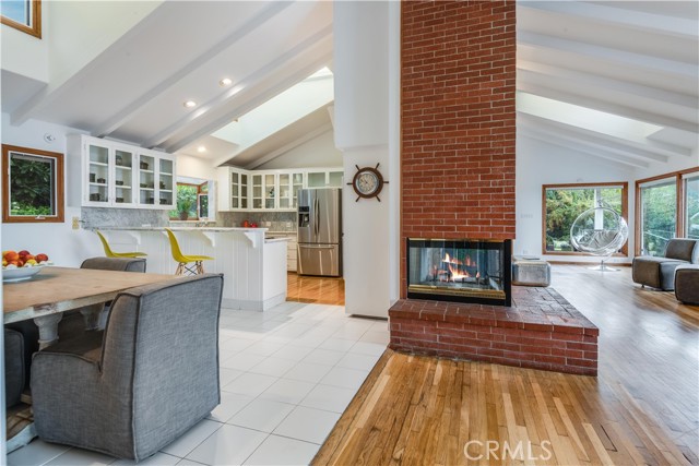 The kitchen and dining area to the left and the living room to the right