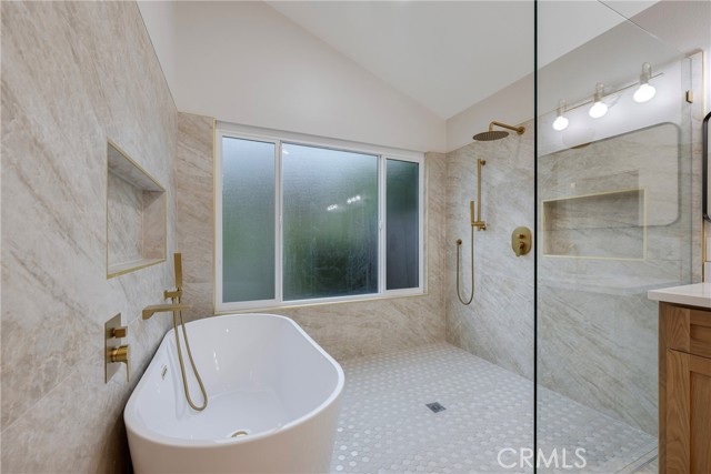 Walk in shower and adjacent soaking tub.