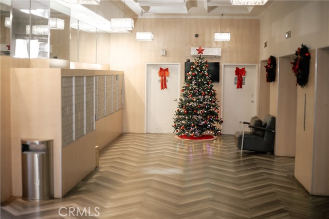 Lobby with mailboxes, security & elevators.