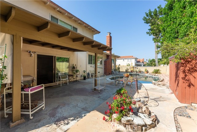 Backyard with covered patio and pool