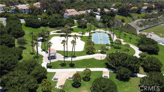 Drone shot of the beach volleyball and basketball courts at Rancho San Clemente Sports Park.