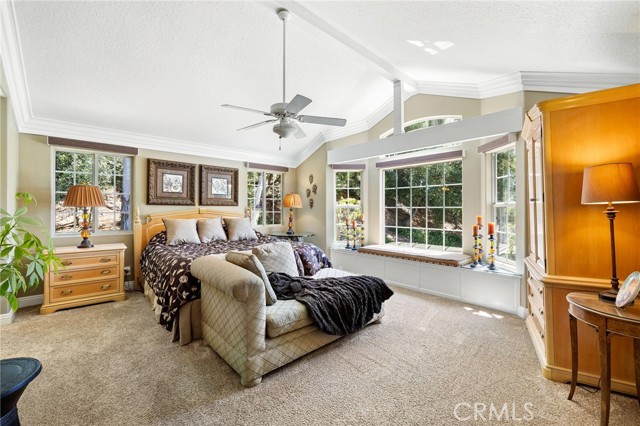 Primary bedroom with vaulted ceilings, a professionally finished walk-in closet, and a bay window with seating.
