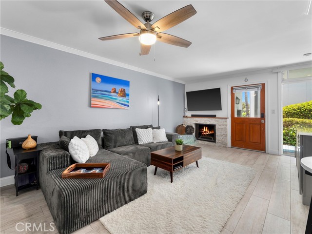 Large living room with electric fireplace