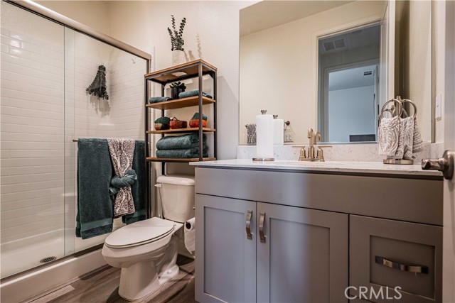 Downstairs bath features a walk-in shower, same dolphin grey cupboards as the kitchen with stainless steel hardware, quartz countertops, sink, mirror.